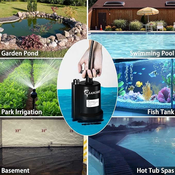 Lanchez Sump Pump, 1/2 HP 2450GPH Submersible Water Pump, Thermoplastic Portable Electric Transfer Pump Utility Pump for Hot Tub Swimming Pool Basement Garden Pond Tubs Draining with 10FT Cord