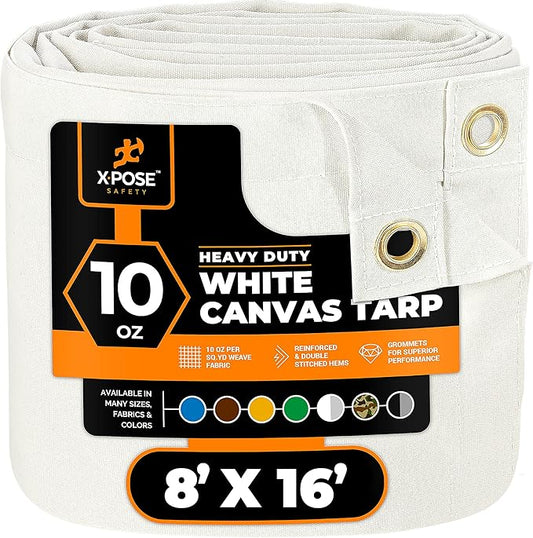 Xpose Safety Canvas Tarp - 10oz White Canvas Tarps Heavy Duty Water Resistant with Brass Grommets- Multipurpose Outdoor Tarpaulin for Camping, Canopy, Trailer, Equipment Cover 8' x 16'