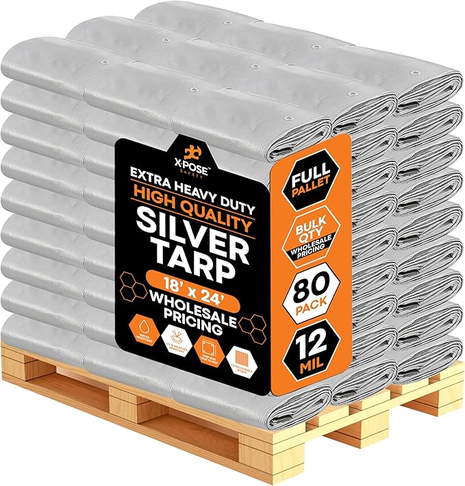 Heavy Duty Silver Poly Tarp 18' X 24' - Bulk Full Pallet (80 Pack) - Multipurpose Protective Cover - Durable, Weather Proof & Tear Resistant - 12 Mil Thick Polyethylene - by Xpose Safety