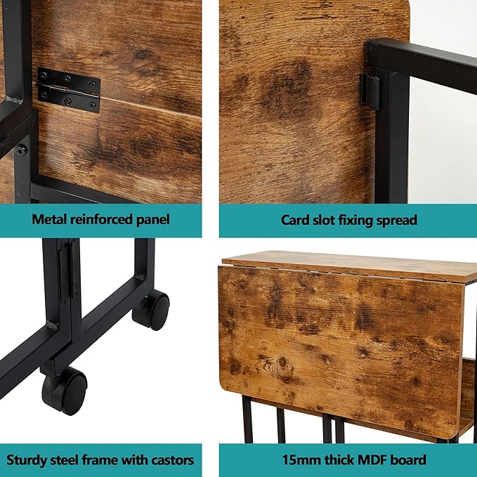 Mobile Foldable Desk w/Wheels and Feet Pads, Foldable Computer Desk, Folding Desk, Small Computer Desk for Small Spaces, Folding Table for Office Bedroom Living Room-Rustic Brown