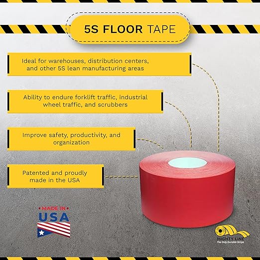 Mighty Line UltraLine Solid Floor Marking Tape for Safety, Caution, Warning, Heavy-Duty, Peel and Stick Adhesive, Beveled Edge Design, Industrial Quality, 4 Inch, 100' Roll, Red