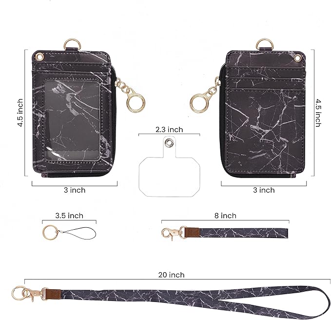 2-in-1 ID Badge Holder & Lanyard Wallet - Multi-Use Womens Small Wallet with Removable Wristlet & Neck Lanyard, Clear Window, 5 Card Slots, Phone Holder, Ring Keychain - Black Marble