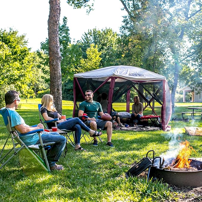 CLAM Pop-Up Screen Tent, 11.5' Outdoor Camping Gazebo, Portable 6-Sided Canopy with Ground Stakes & Carry Bag, Escape, Plum