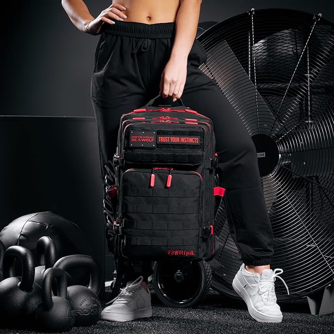 WOLFpak 45L Athletic Gym Backpack - Durable 1000D Waterproof Oxford Material with MOLLE Webbing, Laptop Pocket & Dual Cup Holders, Durable Fitness/Travel/Military Daypack (Red Wolf)