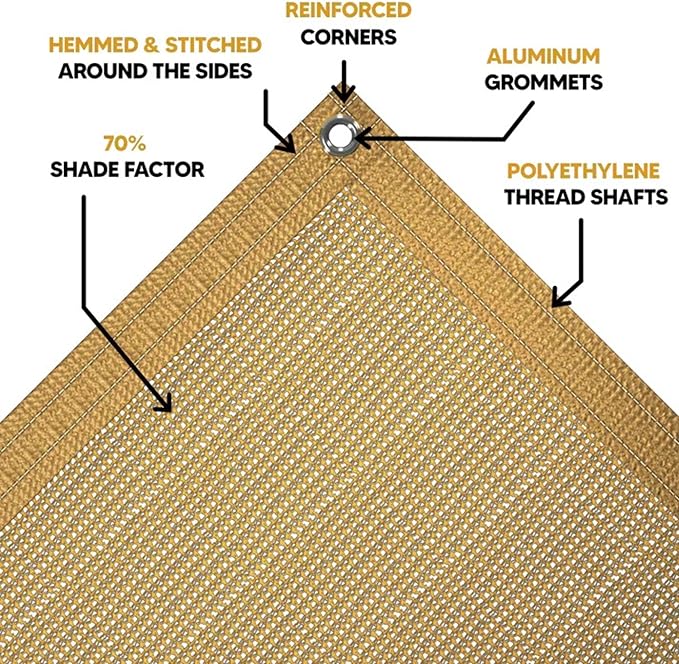 UV Resistant Tan Mesh Tarps 12' x 24' - Rip & Tear Proof Resistant Polyethylene Mesh for Plant Garden, Greenhouse House Patio, Car, Truck, Boat or RV, 70% Sunblock Shade