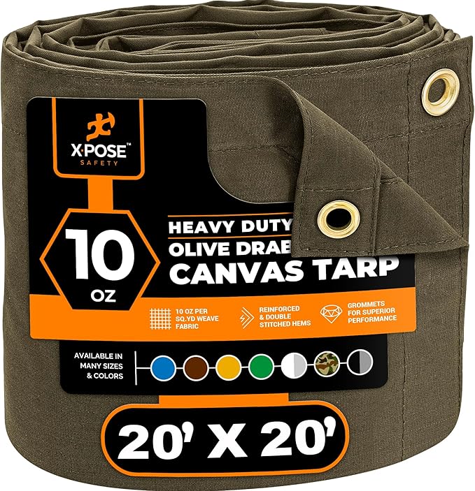 Xpose Safety Canvas Tarp - 10oz Olive Drab Canvas Tarps Heavy Duty Water Resistant with Brass Grommets- Multipurpose Outdoor Tarpaulin for Camping, Canopy, Trailer, Equipment Cover 20' x 20'