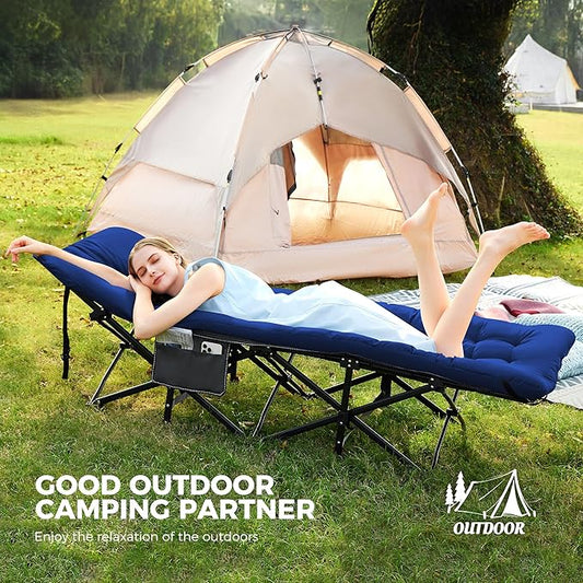 JEAREY 2-Piece Folding Camping Cot for Sleeping, Heavy Duty Camping Cots for Adults with Mattress, 1200D Double Layer Oxford Portable Folding Cot Bed with Carry Bag for Guest, Travel, Hiking, Navy