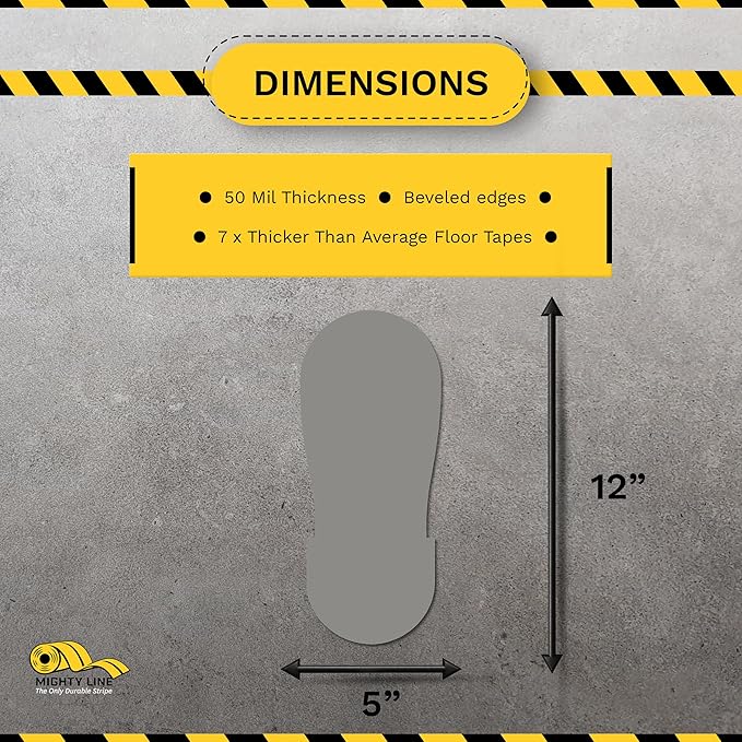 Mighty Line Big Footprints Floor Marking Tape for Safety, Caution, Warning, Heavy-Duty, Peel and Stick, Adhesive, Industrial Quality, 12" Long x 5" Wide, Gray, Pack of 50