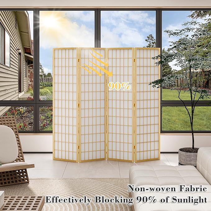 WelFurGeer 4 Panel Room Divider, Folding Privacy Shoji Screens, Room Partitions and Dividers, Decorative Room Dividers, Wall Dividers for Room Separation, Japanese Wood Room Divider for Home (Natural)