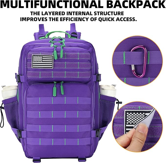 45L Tactical Assault Backpack 3 day assault pack with Molle Waterproof backpack Rucksack for Tactical Backpacks (Purple Green)
