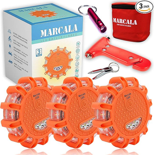 Marcala 3-Pack Emergency Lights for Vehicles | DOT Compliant Emergency Flares for Car with Batteries, Whistle & Case | LED Road Flares | Emergency Roadside Lights | Drive and Feel Safer on the Road!