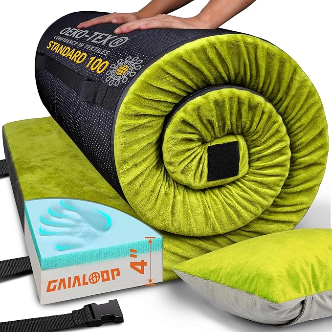 Extra Thick GAIALOOP 4 INCH Memory Foam Camping Mattress, Roll Up Floor Sleeping Mat Camp Cot Mattress Pad Travel Camping Couch Bed for Guest Adults Side Sleepers