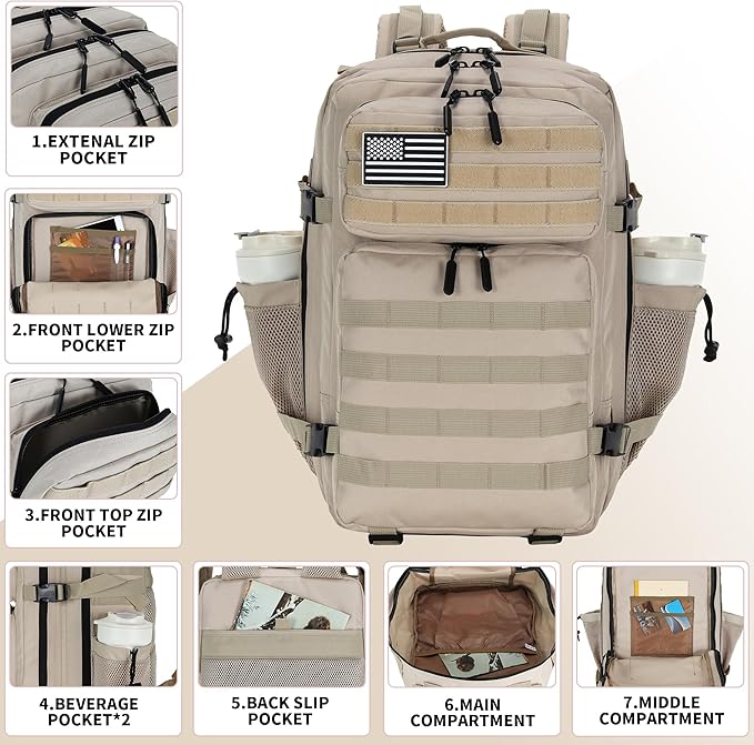 45L Tactical Assault Backpack 3 day assault pack with Molle Waterproof backpack Rucksack for Tactical Backpacks (Light Khaki)