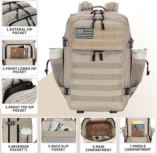 45L Tactical Assault Backpack 3 day assault pack with Molle Waterproof backpack Rucksack for Tactical Backpacks (Light Khaki)