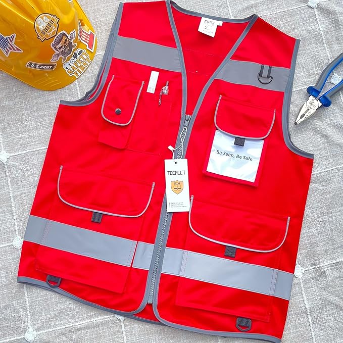 TCCFCCT Reflective Safety Vest 9 Pockets High Visibility Vest for Men Women, Hi Vis Reflective Work Vest for Safety, Meets ANSI/ISEA Standards, (Red, XX-Large)