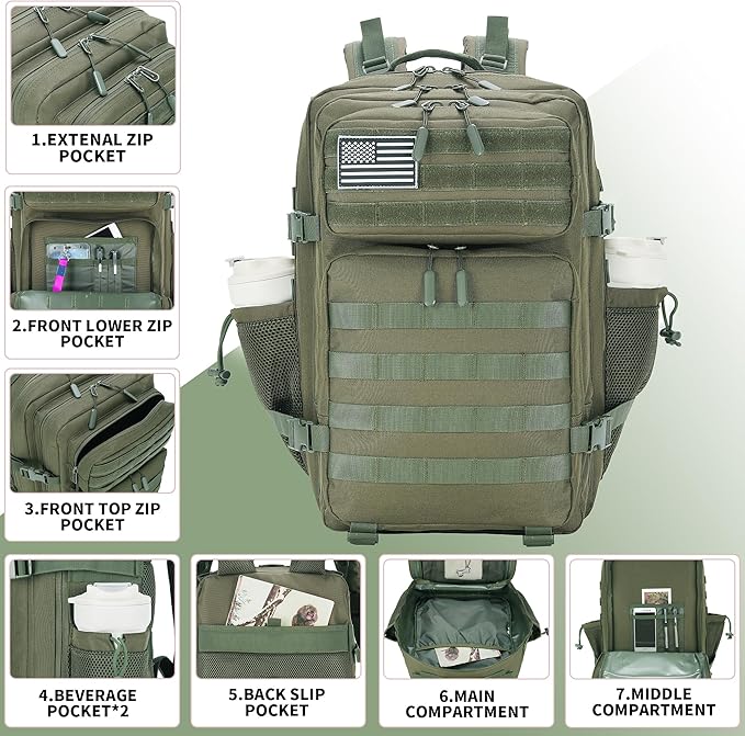 45L Tactical Assault Backpack 3 day assault pack with Molle Waterproof backpack Rucksack for Tactical Backpacks (Army green)