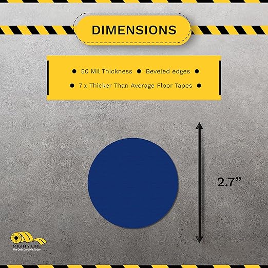 Mighty Line 2.7" Solid Dot Shaped Floor Marking Tape for Safety, Caution, Warning, Heavy-Duty, Peel and Stick, Adhesive Circle Spots, Industrial Quality, Blue, Pack of 100
