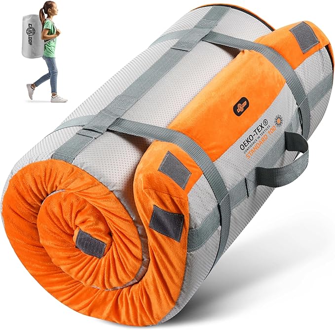 3 Inch Memory Foam Camping Mattress, Dual Layer Thick Sleeping Camp Pad for Car Tent Cot, Roll-Up Portable Glamping Floor Bed for Guests Sleepover