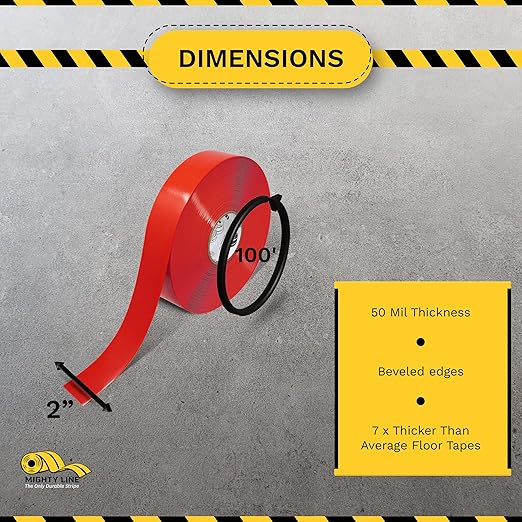 Mighty Line Solid Floor Marking Tape for Safety, Caution, Warning, Heavy-Duty, Peel and Stick Adhesive, Beveled Edge Design, Industrial Quality, 2 inch, 100' Roll, Red
