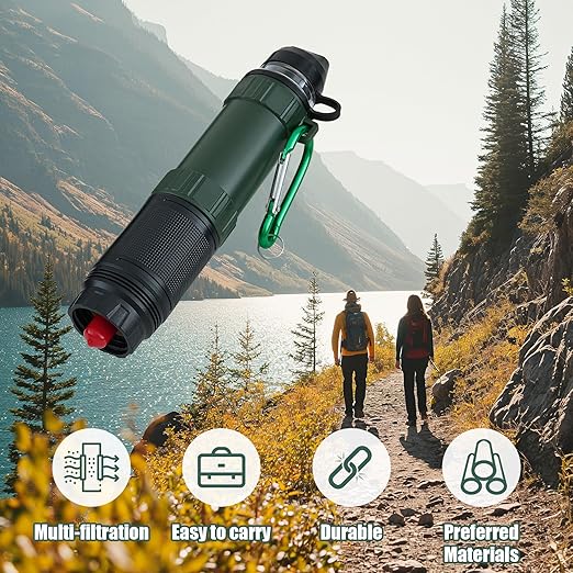 Personal Water Filter Kit for Hiking, Camping, Travel Water Filter Straw Outdoor Portable, Water Purifier Survival Gear and Equipment Army Green