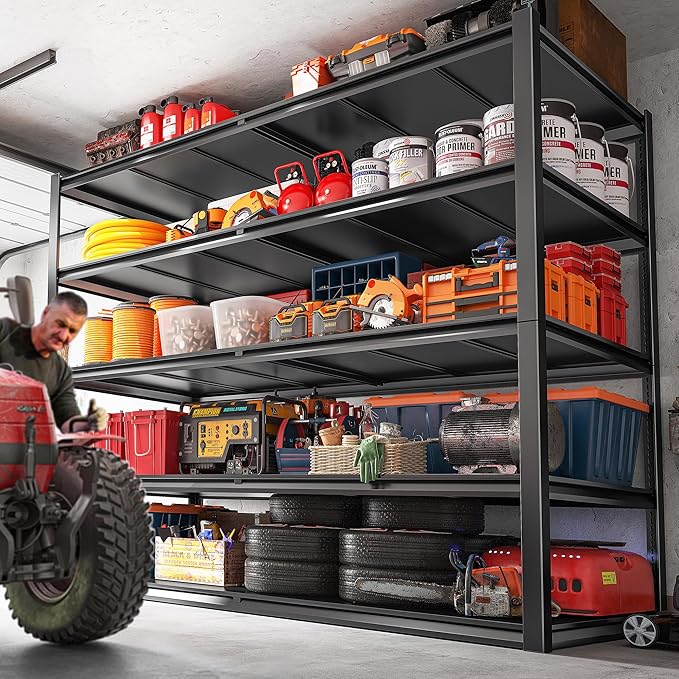 REIBII 78" H Storage Shelves, Garage Shelving Heavy Duty Load 3000LBS, Adjustable Garage Shelving, 5 Tier Metal Shelves Unit for Storage Rack, Basement, 55" W x 26" D x 78" H, Black, 4 Pack