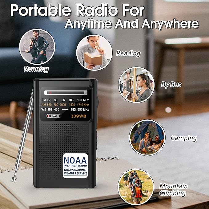 Greadio NOAA Weather Radio, Stereo Earphone Jack,AM/FM Battery Operated Transistor Portable Radio with Best Reception,Powered by 2 AA Battery for Emergency,Hurricane,Running, Walking,Home(Black)