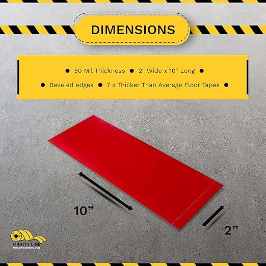 Mighty Line Floor Marking Tape Strips for Safety, Caution, Warning, Heavy-Duty, Peel and Stick, Adhesive, Industrial Quality, Red, 2" by 10"