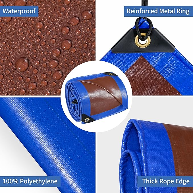 TARPAL 7x14ft Waterproof Small Tarp 16Mil Heavy Duty tarp with Metal Grommets Every 17.7" Multipurpose Tear-Resistant UV Protection Cover for Roof,Pool,Car,Firewood,Outdoor Furniture (Blue/Brown)