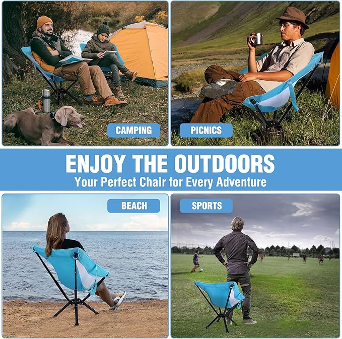 VILLEY Portable Folding Chair Lightweight Camping Chair No Assembly Needed, Quick Setup for Beach, Hiking, Supports 330 LBS, Blue, 2-Pack