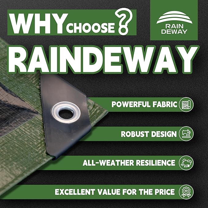 RAINDEWAY Tarps 30x40 Feet,Large Tarp Waterproof,9Mil Thick Finished Size, Multipurpose Poly Tarp Cover with Metal Grommets and Reinforced Edges,Green/Black Tarpaulin