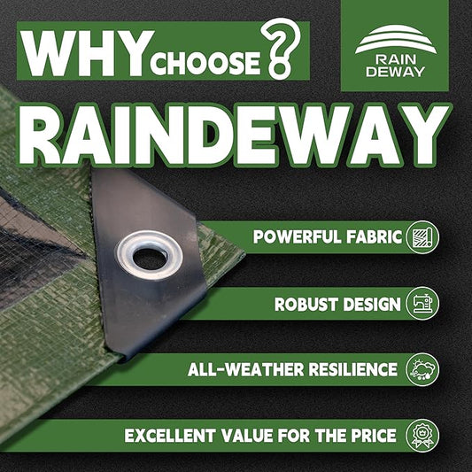 RAINDEWAY Tarps 10x20 Feet,Tarp Waterproof,9Mil Thick,Finished Size,Multipurpose Poly Tarp Cover with Metal Grommets and Reinforced Edges,Green/Black Tarpaulin