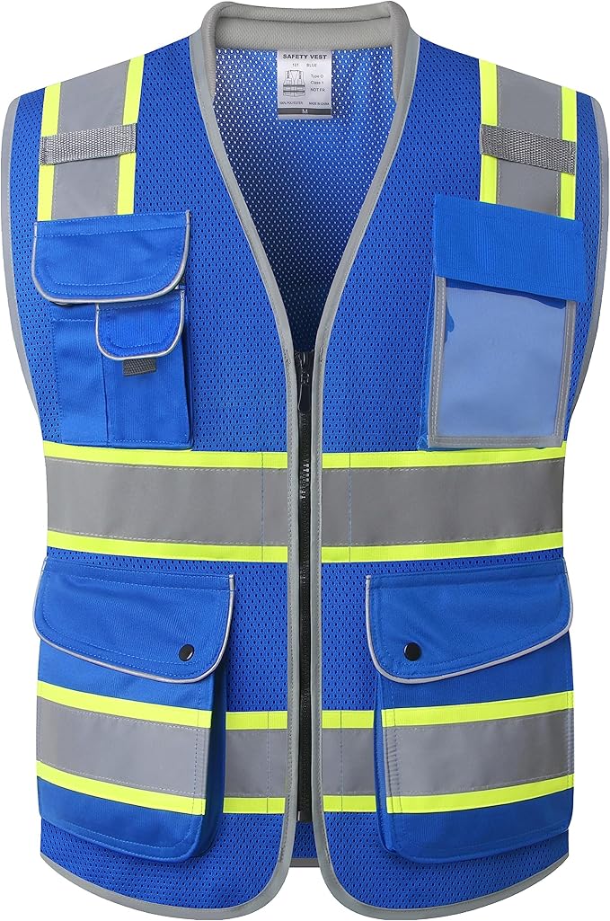JKSafety 9 Pockets Hi-Vis Safety Vest Breathable Mesh Fabric Cushioned Collar Work Utility PPE Lightweight Industrial Work Gear ANSI/ISEA compliant (101-Blue XXL)