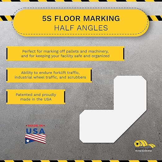 Mighty Line 2" Half Angle Marker Floor Marking Tape for Safety, Caution, Warning, Heavy-Duty, Peel and Stick, Adhesive, Industrial Quality, White, Pack of 100