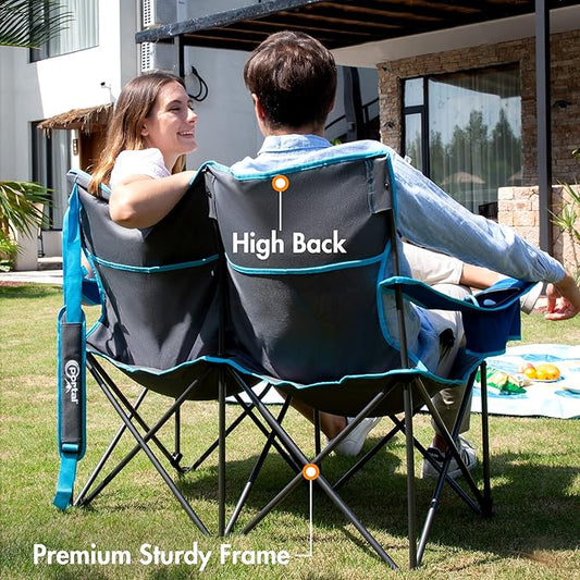 Portal 2 Person Camping Loveseat Folding Double Duo Camp Chair for Adults High Back Outdoor, Support 500 lbs, Blue