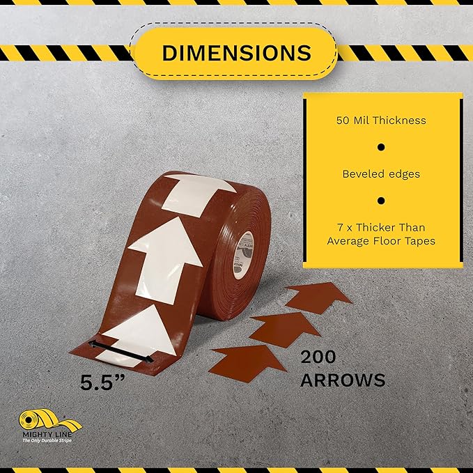Mighty Line 5.5" Wide Solid Arrows Roll, Directional Sticker Sign Floor Marking Tape for Safety, Caution, Warning, Heavy-Duty, Peel and Stick, Adhesive, Industrial Quality, Brown, Pack of 200
