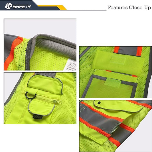 JKSafety 9 Pockets Hi-Vis Safety Vest Breathable Mesh Fabric Cushioned Collar Work Utility PPE Lightweight Industrial Work Gear ANSI/ISEA compliant (101-Yellow 3XL)