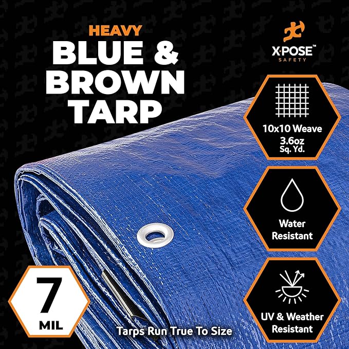 Xpose Safety 40’ x 60’ Heavy Blue/Brown Tarp - Waterproof - 7 Mil Weatherproof Camping Tarp for Tent, Rain, Wind & Sun - Plastic Tarpaulin Cover Outdoor for Roof, Trailer, RV, Car, Boat