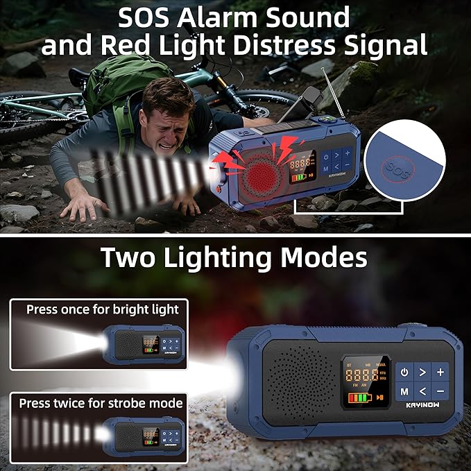 Portable Emergency Radio with AM FM NOAA,Bluetooth Speaker,2000mAh Rechargeable Battery,USB-C Hand Crank Solar Charging,Clear Sound Quality,Flashlight,SOS Alarm for Storm Power Outages Camping