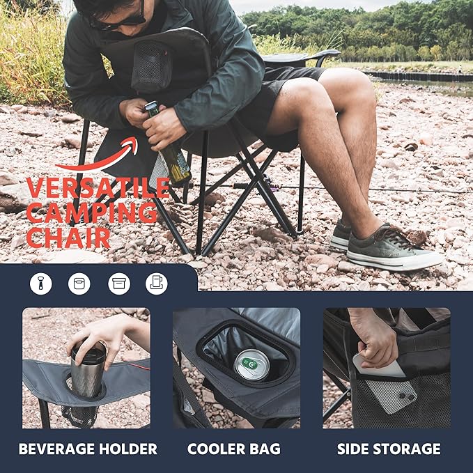 OUTSIDER Folding Camping Chair 400LBS Capacity, Portable Outdoor Lawn Chairs with Ergonomic Lumbar Support, Cooler Bag, Cup Holder, Pockets, Headrest for Beach, Lawn, Hiking (Style-1, 2pcs)