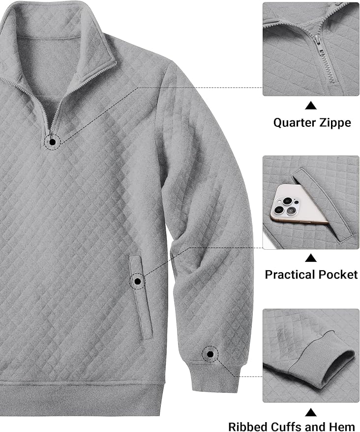 COOFANDY Mens Quarter Zip Pullover Quilted Sweatshirt Knit Long Sleeve Mock Neck Sweater Polo with Pocket