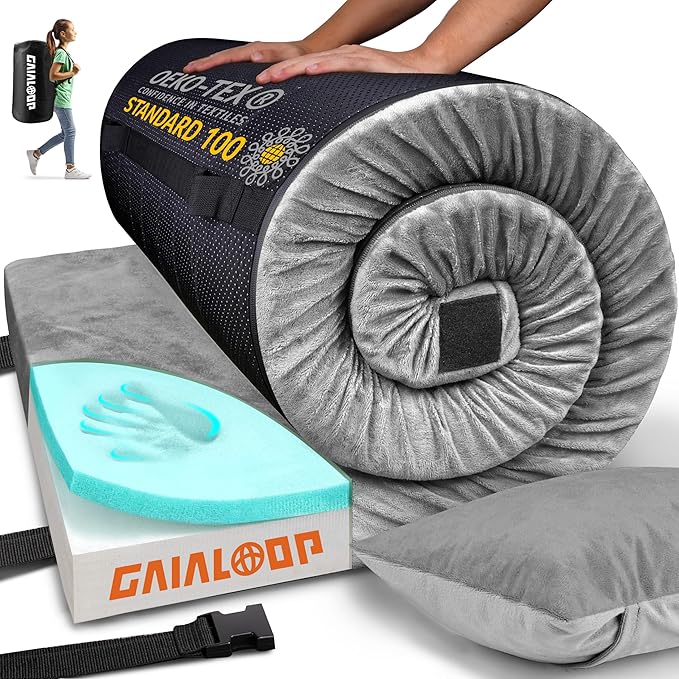3 Inch Memory Foam Camping Mattress, Dual Layer Thick Sleeping Camp Pad for Car Tent Cot, Roll-Up Portable Glamping Floor Bed for Guests Sleepover