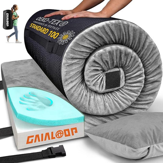 3 Inch Memory Foam Camping Mattress, Dual Layer Thick Sleeping Camp Pad for Car Tent Cot, Roll-Up Portable Glamping Floor Bed for Guests Sleepover