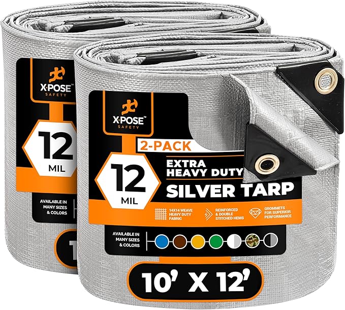 Heavy Duty Silver Poly Tarp 10' X 12' (2-Pack) - Multipurpose Protective Cover - Durable, Waterproof, Weather Proof, Rip and Tear Resistant - Extra Thick 12 Mil Polyethylene - by Xpose Safety