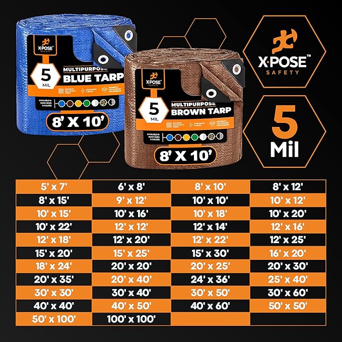 Multipurpose Protective Cover Brown Poly Tarp 6' x 8' (2-Pack) - Durable, Water Resistant, Weather Resistant - 5 Mil Thick Polyethylene - by Xpose Safety