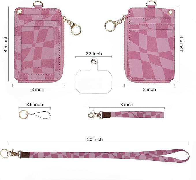 2-in-1 ID Badge Holder & Lanyard Wallet - Multi-Use Womens Small Wallet with Removable Wristlet & Neck Lanyard, Clear Window, 5 Card Slots, Phone Holder, Ring Keychain - Y2K Checker