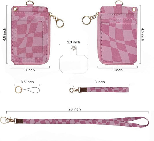 2-in-1 ID Badge Holder & Lanyard Wallet - Multi-Use Womens Small Wallet with Removable Wristlet & Neck Lanyard, Clear Window, 5 Card Slots, Phone Holder, Ring Keychain - Y2K Checker