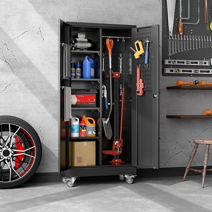 61.7"H Metal Garage Storage Cabinet with Wheels and Hanging Rod,Broom Closet Storage Cabinet with Pegboard and 4 Adjustable Shelves with 120LBS for Garage Home Office School,Required Assembly,Black