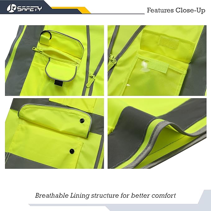 JKSafety 9 Pockets Class 2 High Visibility Zipper Front Safety Vest With Reflective Strips, Yellow Meets ANSI/ISEA Standards (Medium, Yellow)