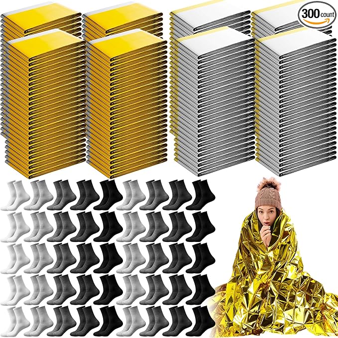 300 Pcs Emergency Blanket and Sock Bulk, Emergency Thermal Space Blankets Survival Winter Socks Gold and Silver Double-Sided Insulating Kits for Outdoors Camping Homeless Hiking