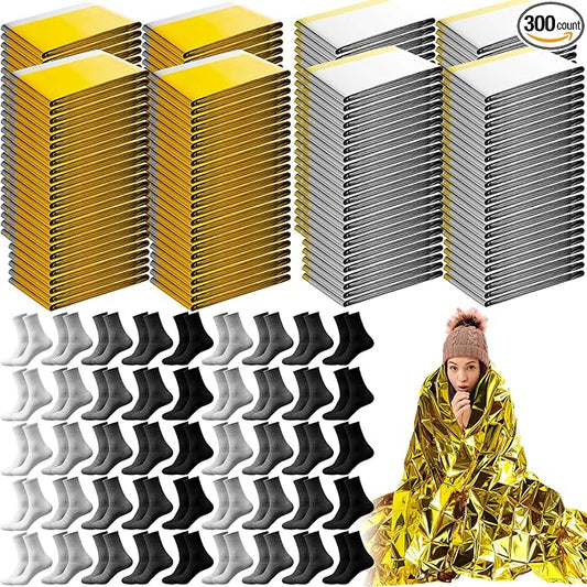 300 Pcs Emergency Blanket and Sock Bulk, Emergency Thermal Space Blankets Survival Winter Socks Gold and Silver Double-Sided Insulating Kits for Outdoors Camping Homeless Hiking